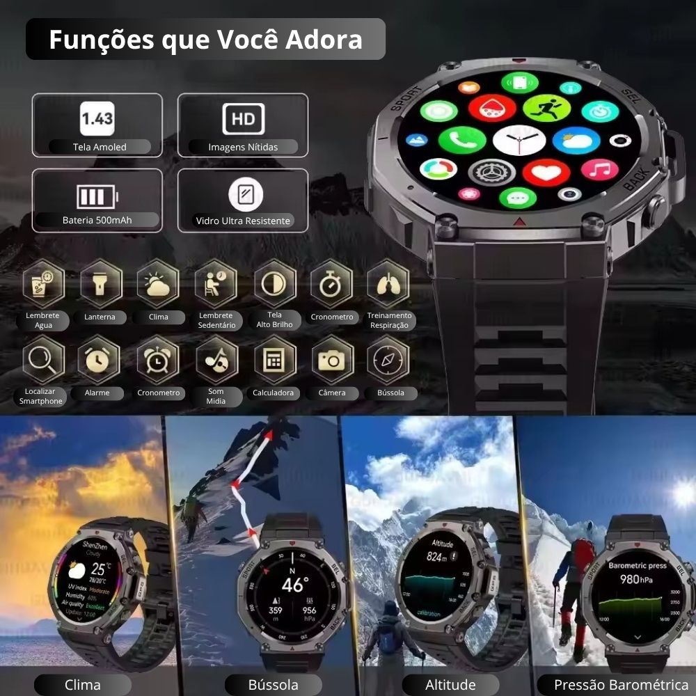 Relogio Smartwatch inteligente LB58 NFC GPS Duplo Bussola Monitor Cardiaco Modulo Esportes Resistente a Agua