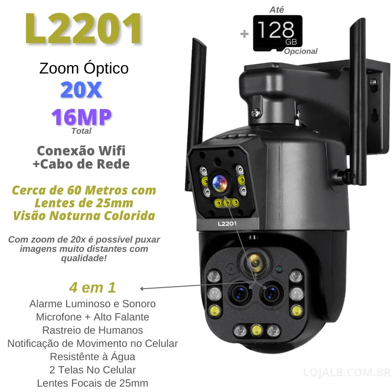 Camera wifi externa inteligente L2201 zoom 20x 8k Visão Noturna colorida Ip66 Cartão 128GB - Garantia de 1 Ano - LojaLB