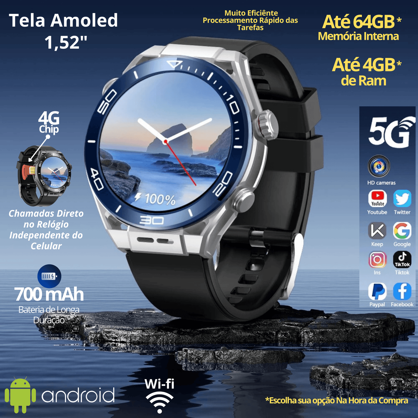 Relógio Smartwatch x5 com chip 4g GPS Wifi 64GB - LojaLB