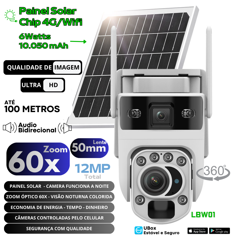 Camera wifi 4G solar lbw01 12MP zoom 60X Optico duas telas audio rastreamento cctv - Garantia de 1 Ano
