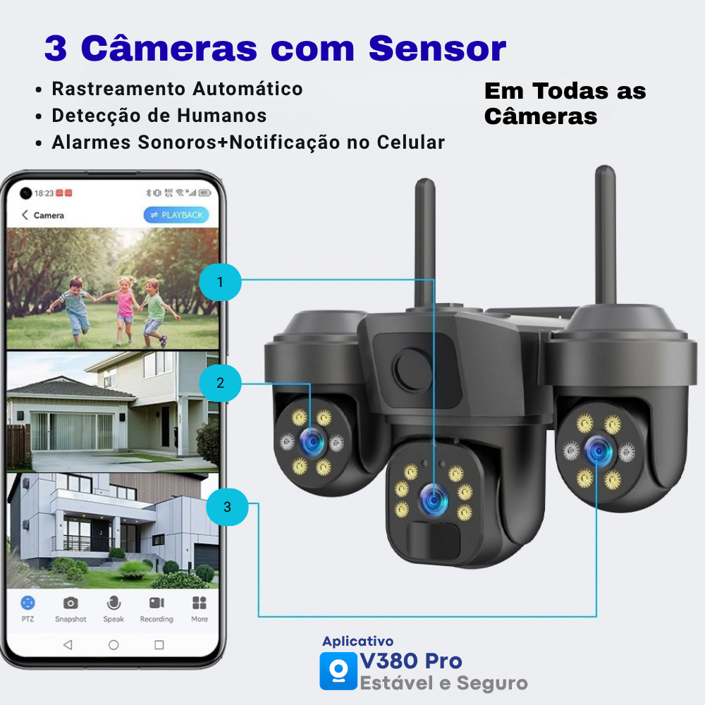 Câmera de Segurança Solar 4G WiFi Externa LBW04 3em1 AOV 360° com Gravação 24h - Garantia de 1 Ano