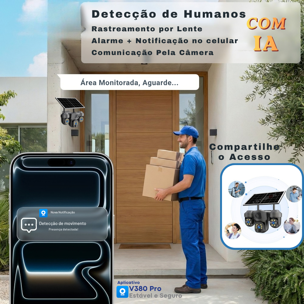 Câmera de Segurança Solar 4G WiFi Externa LBW04 3em1 AOV 360° com Gravação 24h - Garantia de 1 Ano