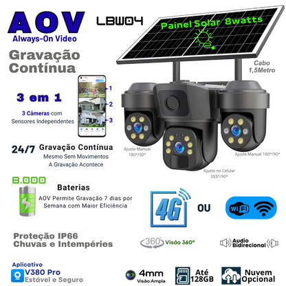 Câmera de Segurança Solar 4G WiFi Externa LBW04 3em1 AOV 360° com Gravação 24h - Garantia de 1 Ano