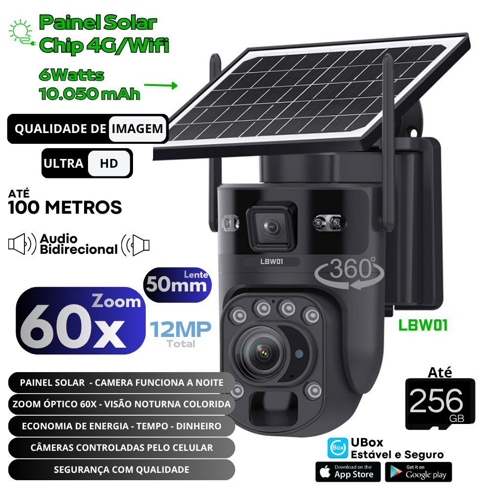 Câmera de Segurança Solar 4G Externa com Zoom Óptico e placa solar sem internet lbw01
