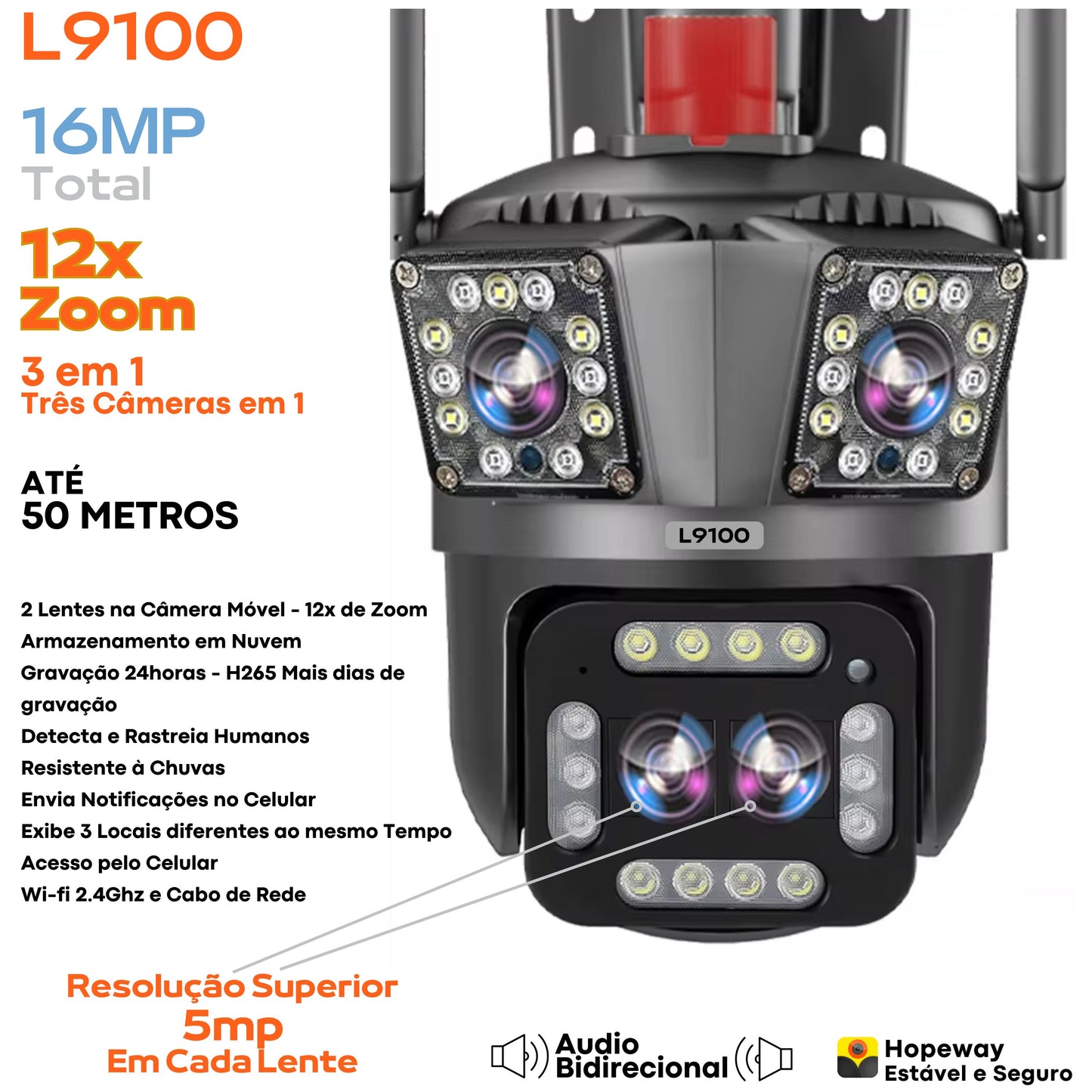 Camera wifi externa L9100 4 lentes 16mp Visão noturna colorida 128GB