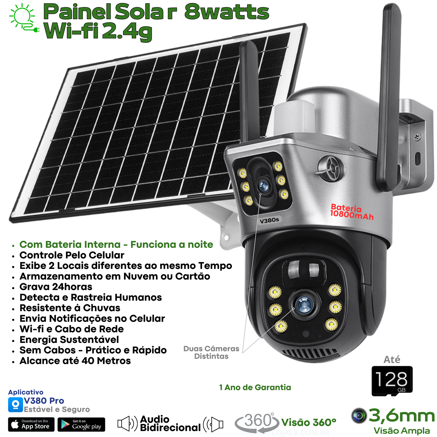 Camera de segurança wifi Externa ip Com Placa Solar v380s – LojaLB