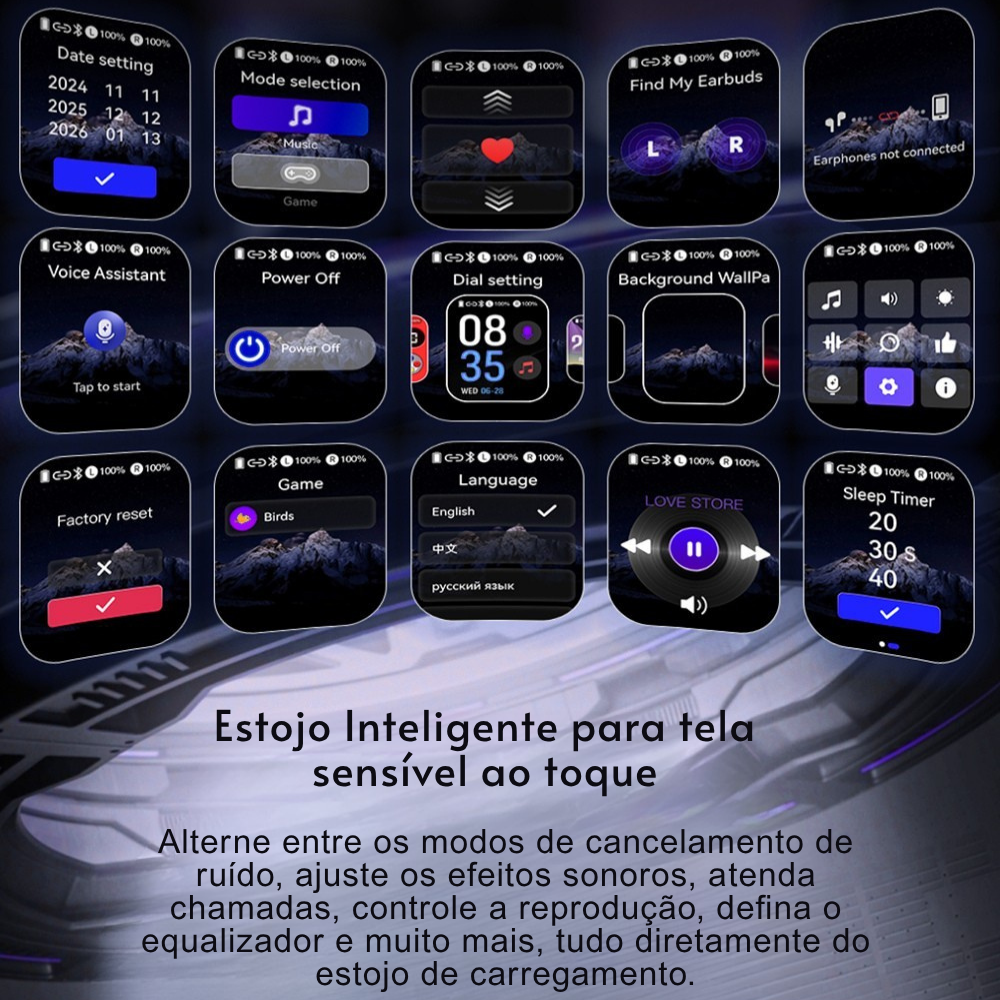 Fone de ouvido sem fio Bluetooth tradutor de Idiomas NE70 com Tela Touch Cancelamento de Ruído Som hi-hi - LojaLB