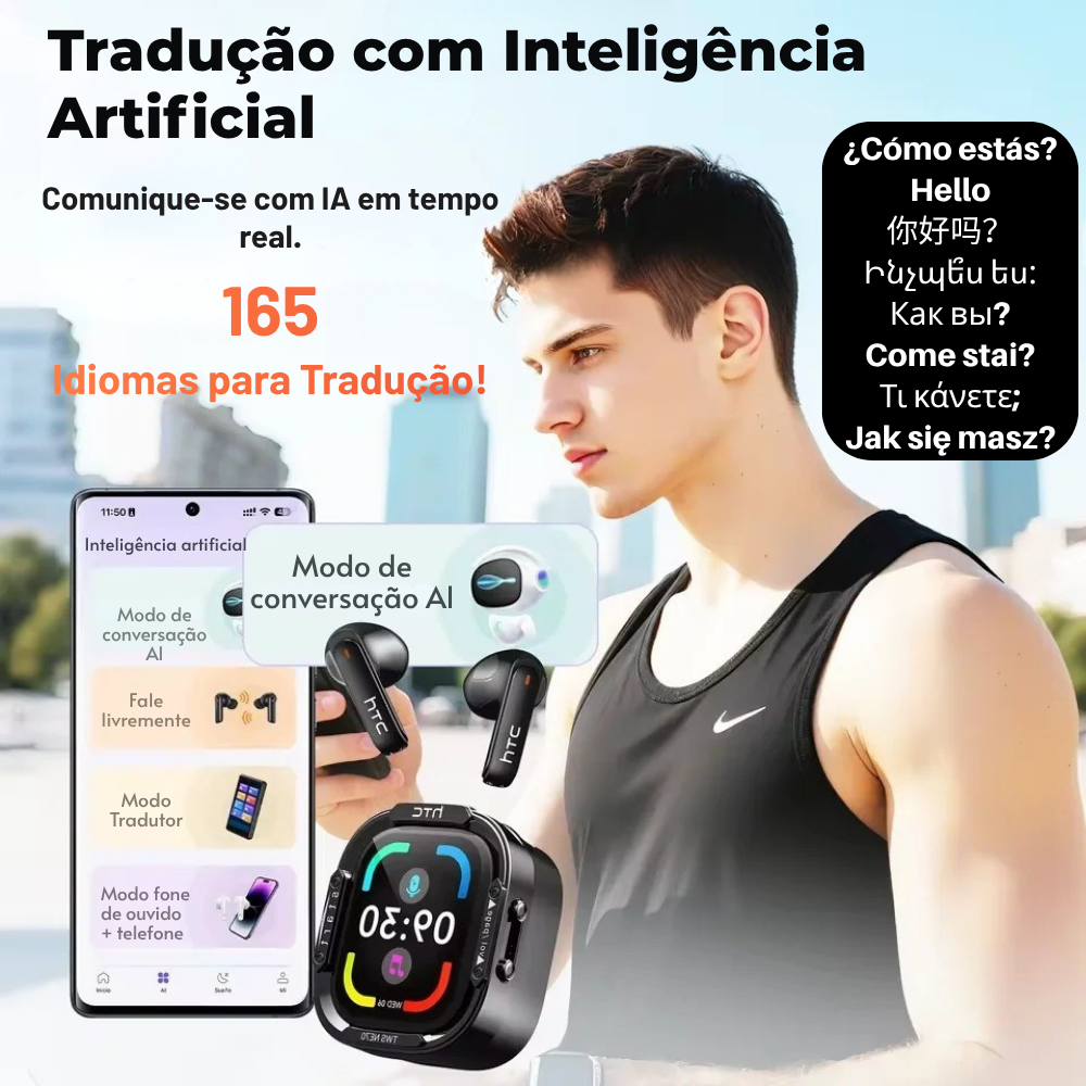 Fone de ouvido sem fio Bluetooth tradutor de Idiomas NE70 com Tela Touch Cancelamento de Ruído Som hi-hi - LojaLB