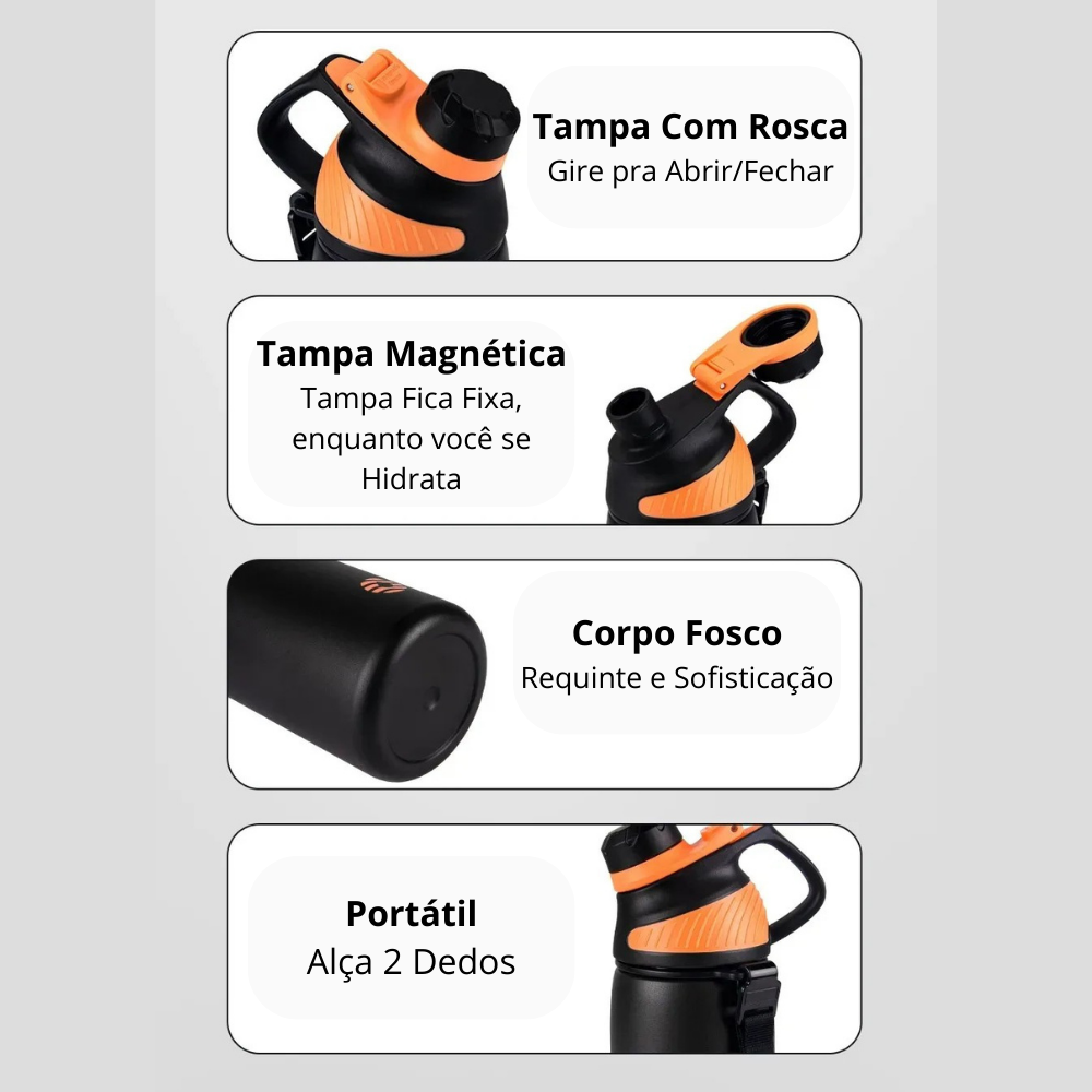 Garrafa termica pra academia com tampa rosca e magnética, corpo fosco e alça para transporte.