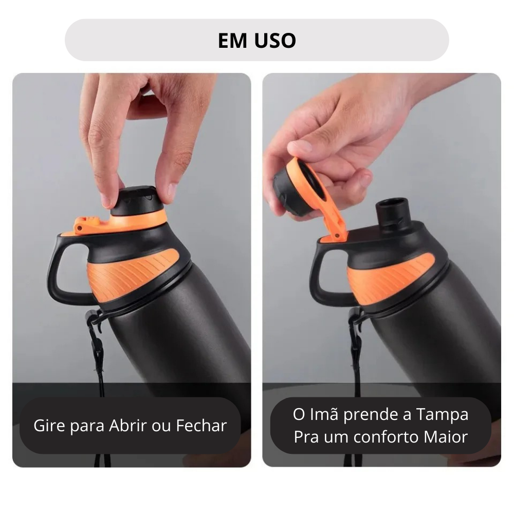 Garrafa termica pra academia em uso, mostrando como girar para abrir ou fechar e tampa magnética para maior conforto.