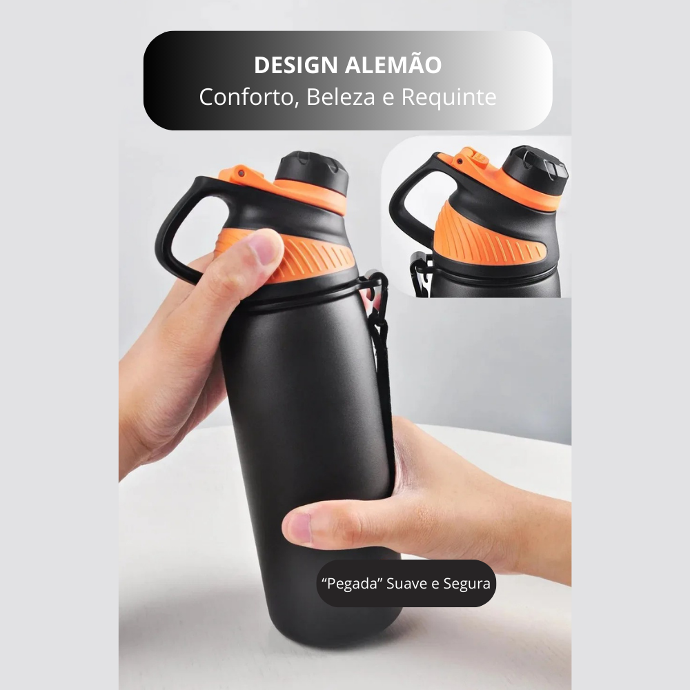 Garrafa termica pra academia 1 litro design alemão, conforto e beleza, com tampa magnética e pegada segura.