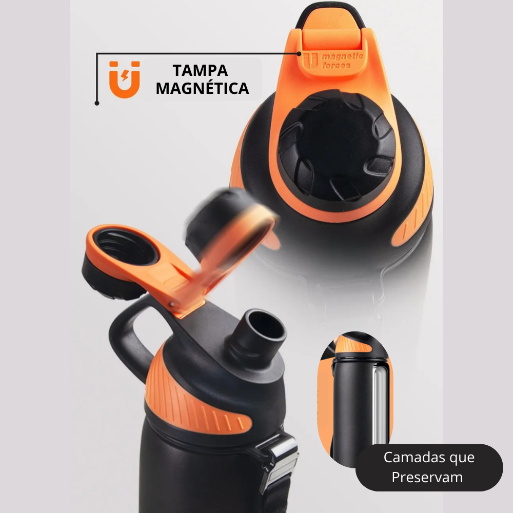 Tampa magnética da garrafa térmica pra academia, design inovador para melhor conservação de bebidas.