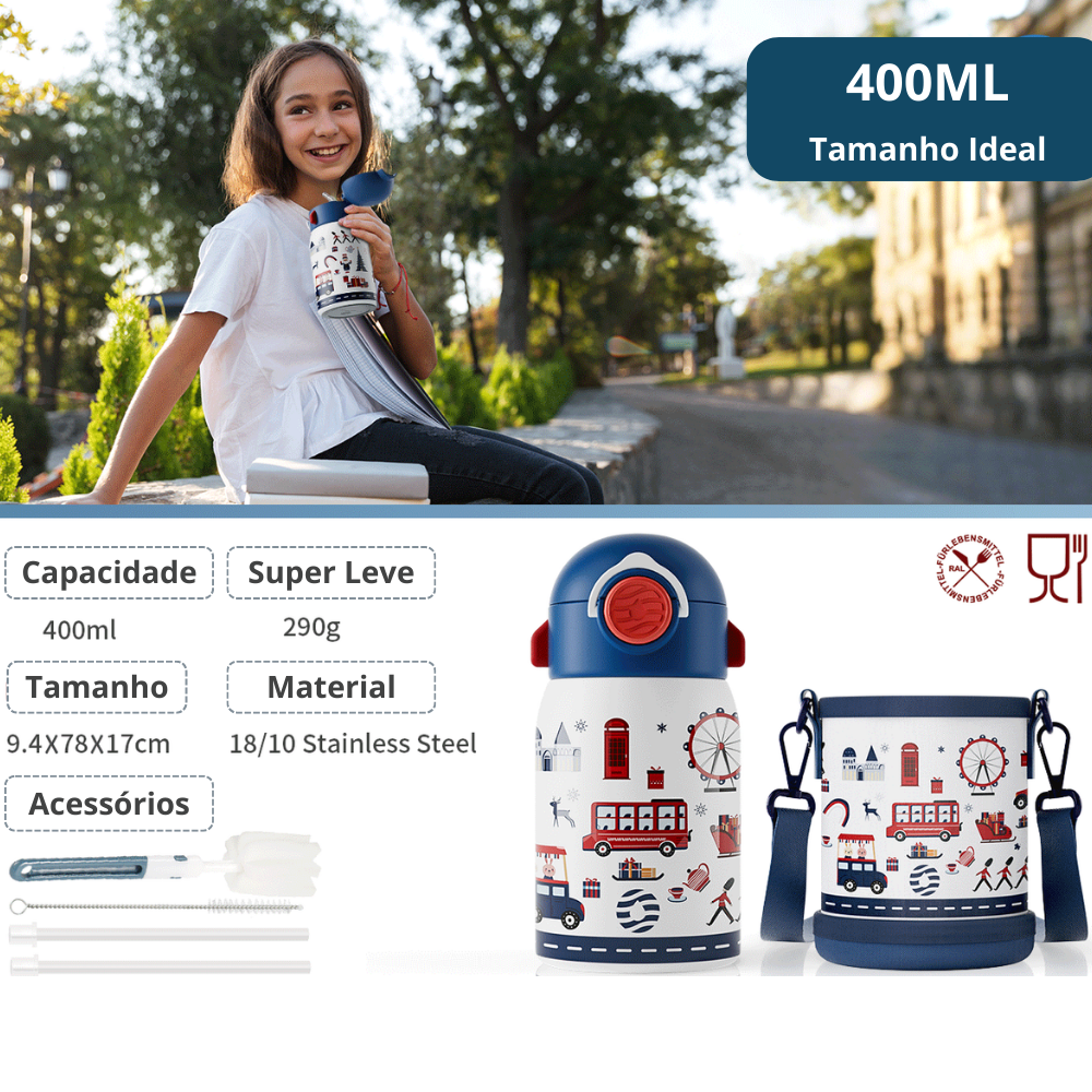 Garrafa Térmica Infantil 400ml em Aço Inox com Estampa Cartoon - LojaLB