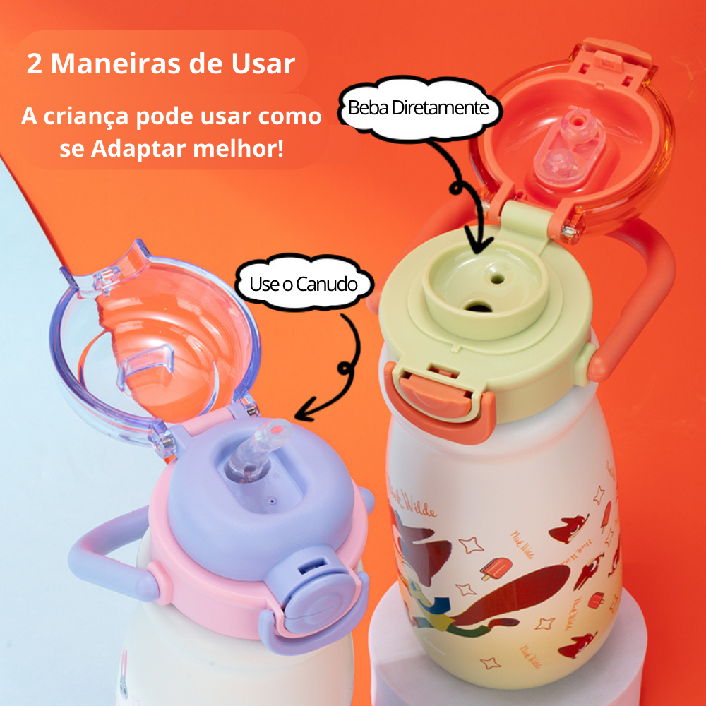 Garrafa Térmica Infantil 550ml em Aço Inox com Canudo e Alça