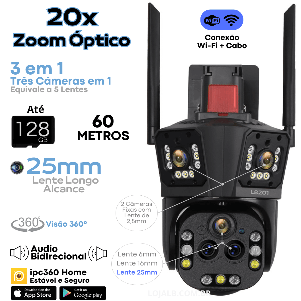 L8201 Camera wifi externa 4 lentes zoom 20x 20mp Visão Noturna colorida - LojaLB