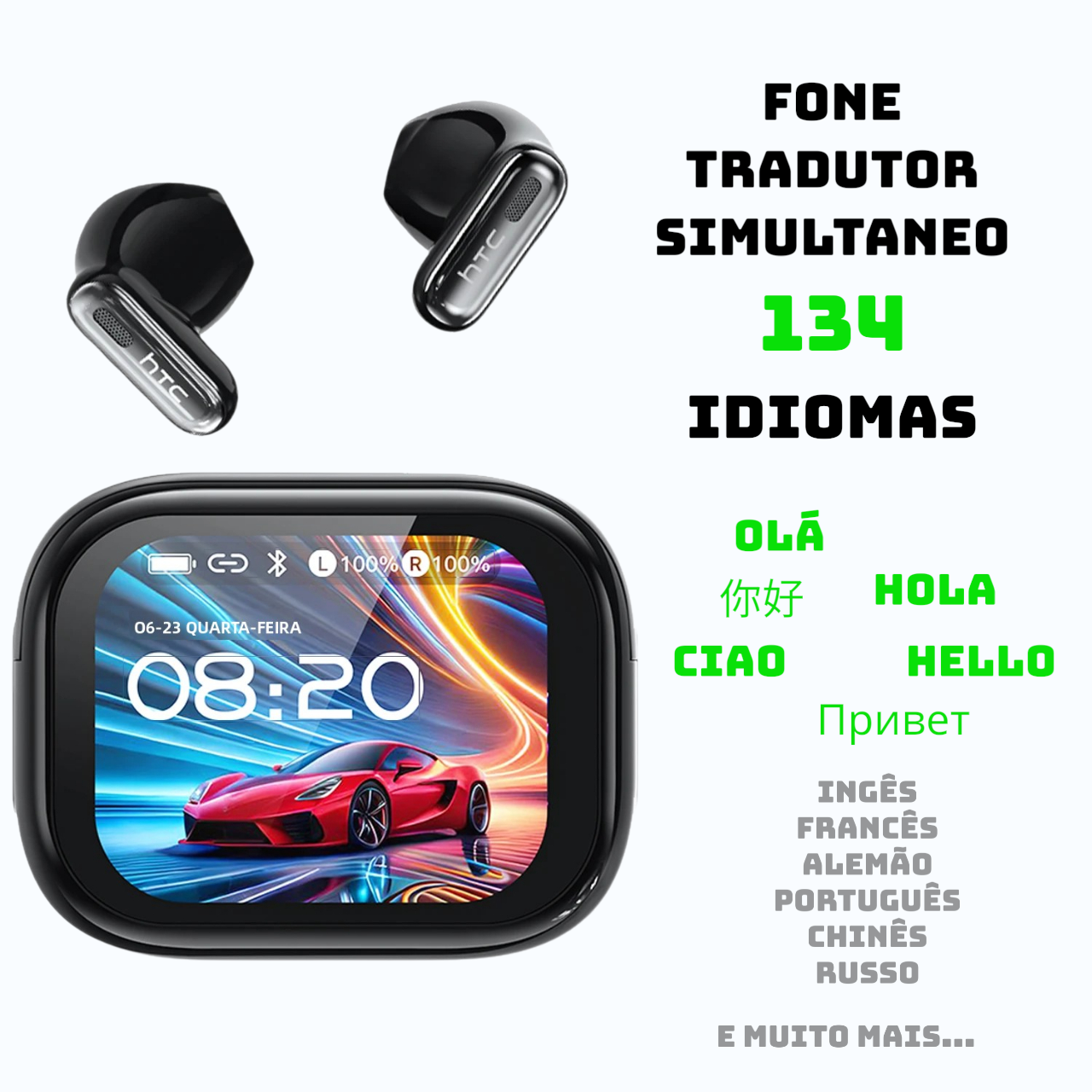 Fone ouvido tradutor simultaneo Bluetooth 6.0 com Tela Touch LED Tradução por IA Bateria 40h TWS Sem Fio