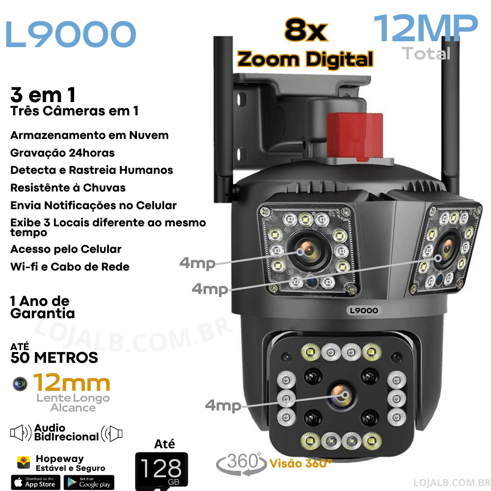 l9000 Camera wifi L9000 externa 3 lentes 12mp Visão noturna colorida - LojaLB