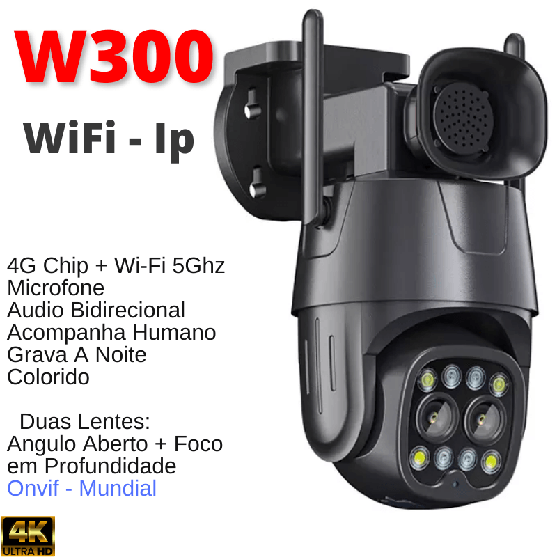 Camera de segurança wifi Com Entrada Pra Chip 4G w300 Inteligente PTZ HD 4k Com Audio - LojaLB